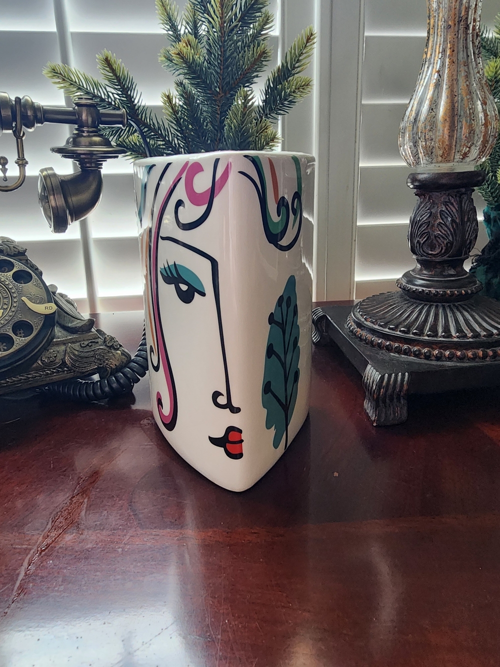 Abstract Face Ceramic Vase - White with Teal & Pink Accents